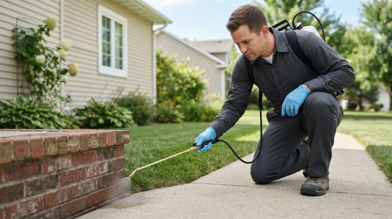 Pest control technician treating a home near Cabazon, CA